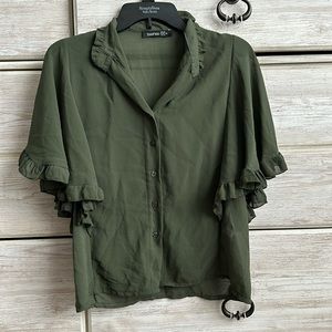 Boohoo green ruffle blouse